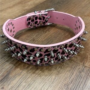 Studded Dog Collar Silver Studs Spiked Pink Black Leopard Medium Large Breed New